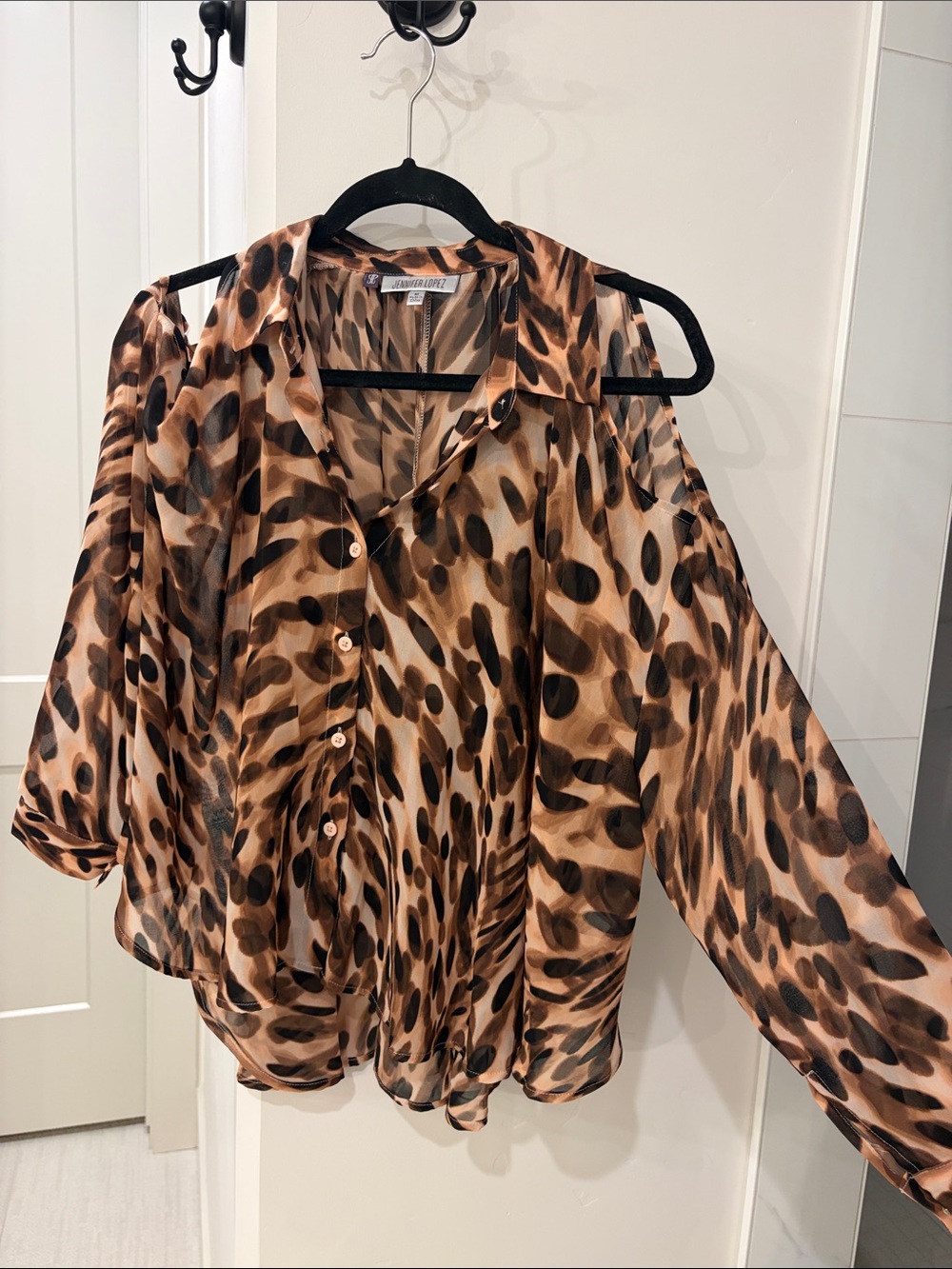 Jennifer Lopez Sheer Leopard-Print Button-Front Blouse